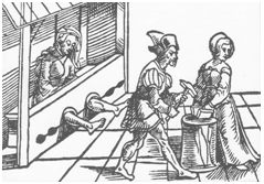 Unbekannter Künstler, Folter von "Hexen", 
Holzschnitt, ca. 1590